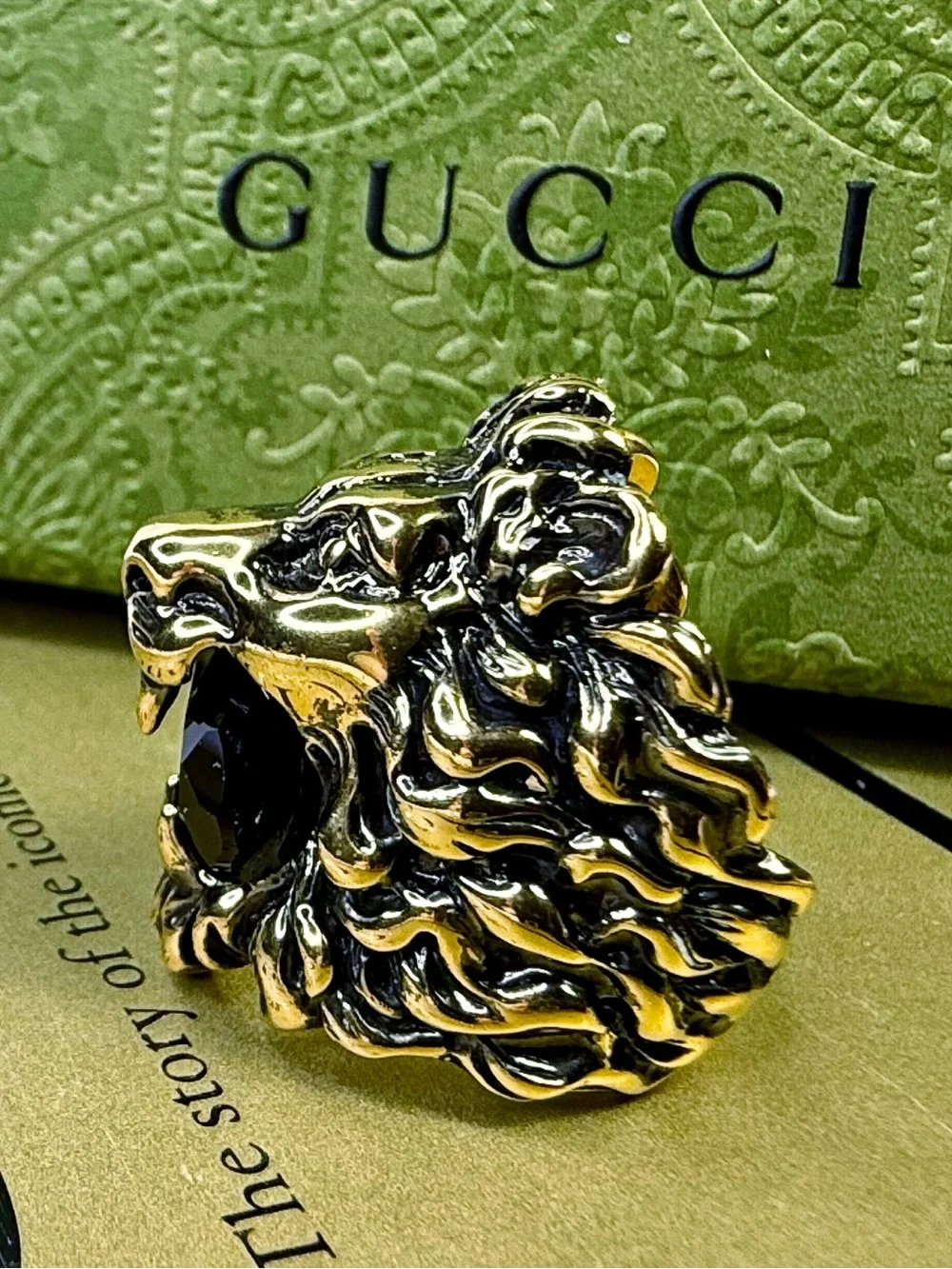 Gucci Lion Head Statement Ring with Black Onyx Crystal